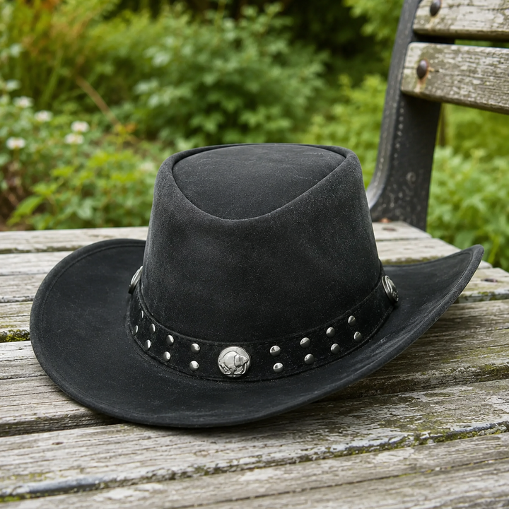 Arizona Cowboy Hat for Men &amp; Women – Genuine Distressed Leather Western Hat with Studded Band, Shapeable Brim &amp; Chin Strap