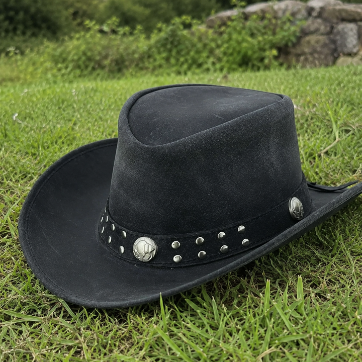 Arizona Cowboy Hat for Men &amp; Women – Genuine Distressed Leather Western Hat with Studded Band, Shapeable Brim &amp; Chin Strap
