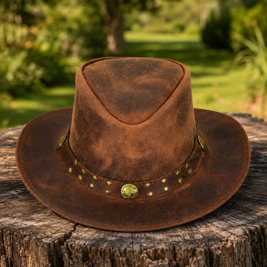 Arizona Cowboy Hat for Men &amp; Women – Genuine Distressed Leather Western Hat with Studded Band, Shapeable Brim &amp; Chin Strap