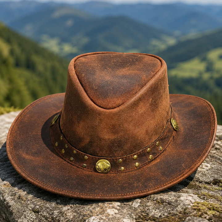 Arizona Cowboy Hat for Men &amp; Women – Genuine Distressed Leather Western Hat with Studded Band, Shapeable Brim &amp; Chin Strap