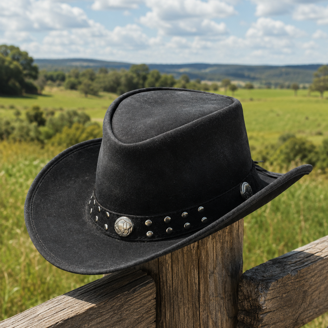 Arizona Cowboy Hat for Men &amp; Women – Genuine Distressed Leather Western Hat with Studded Band, Shapeable Brim &amp; Chin Strap