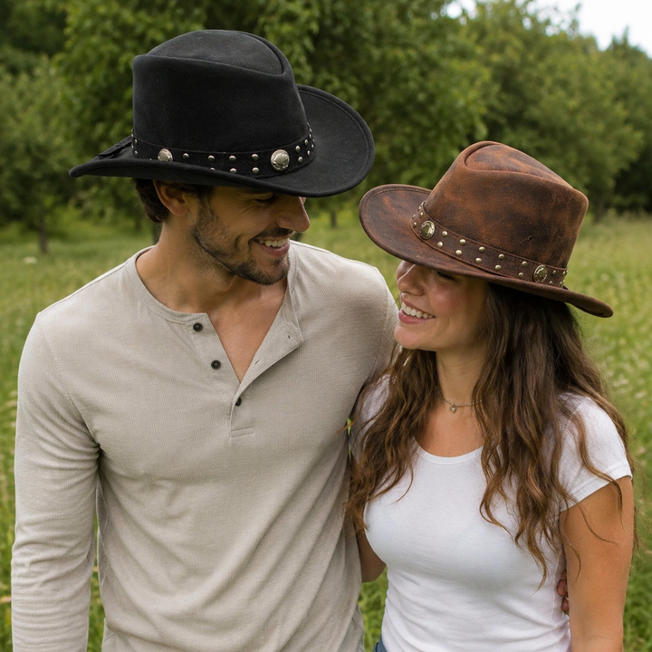 Arizona Cowboy Hat for Men &amp; Women – Genuine Distressed Leather Western Hat with Studded Band, Shapeable Brim &amp; Chin Strap