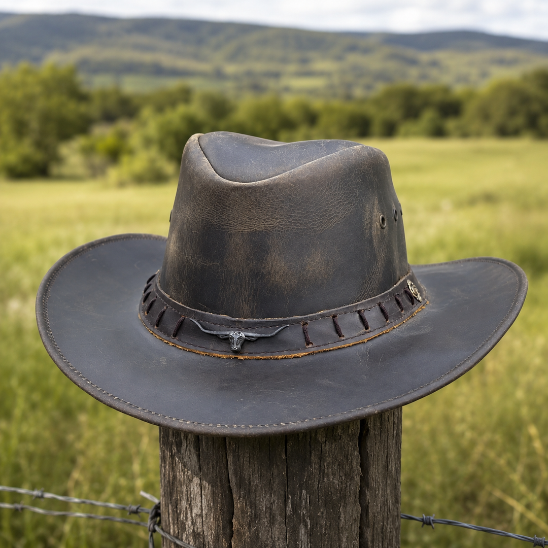 Durham Leather Cowboy Hat for Men &amp; Women – Genuine Vintage Cowhide Western Outback Hat with Bull Head Band &amp; Shapeable Brim