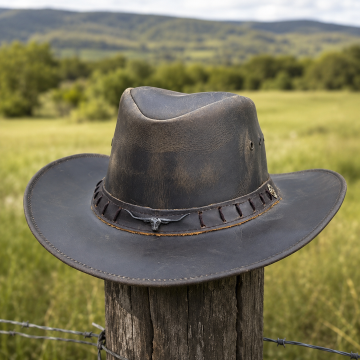 Durham Leather Cowboy Hat for Men &amp; Women – Genuine Vintage Cowhide Western Outback Hat with Bull Head Band &amp; Shapeable Brim