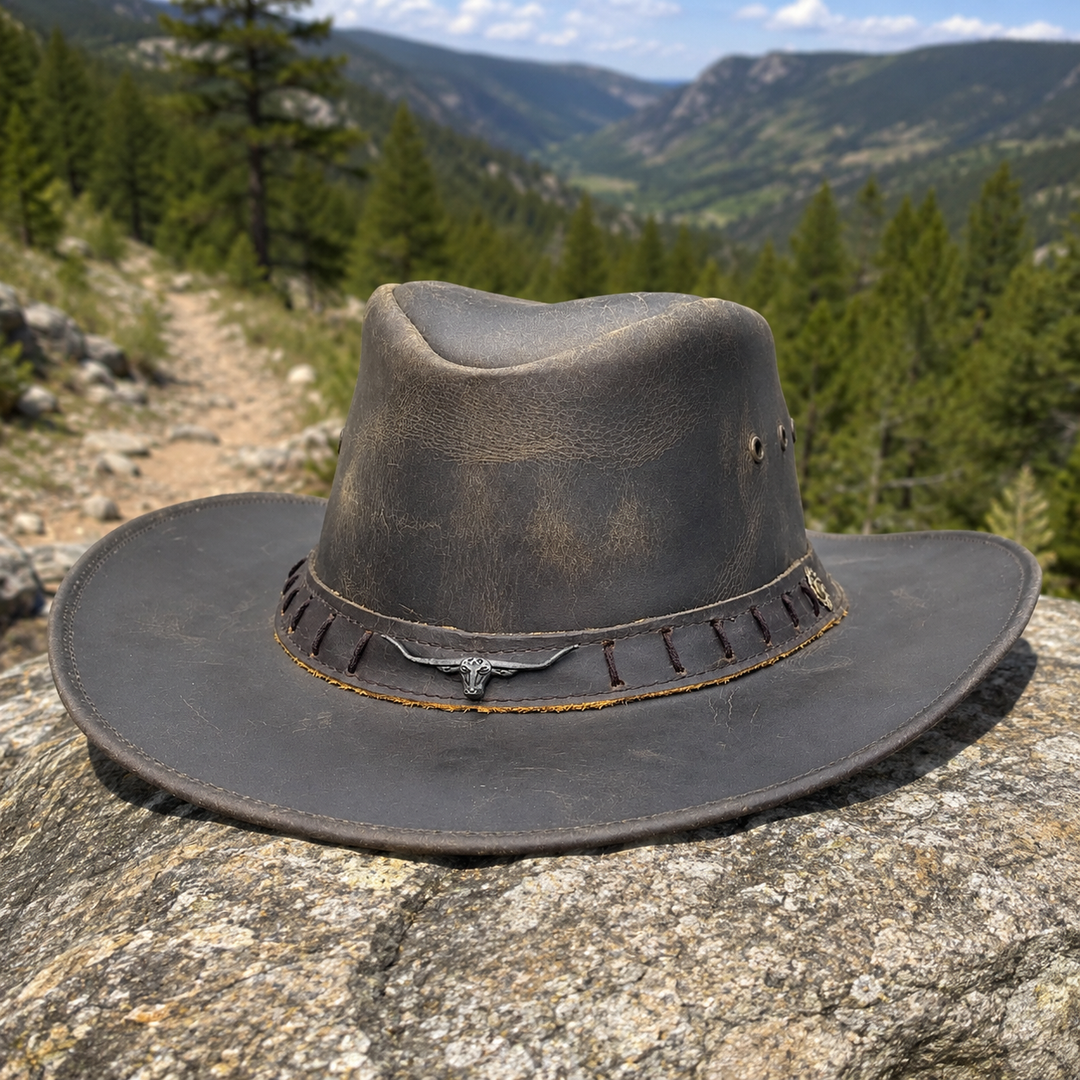 Durham Leather Cowboy Hat for Men &amp; Women – Genuine Vintage Cowhide Western Outback Hat with Bull Head Band &amp; Shapeable Brim