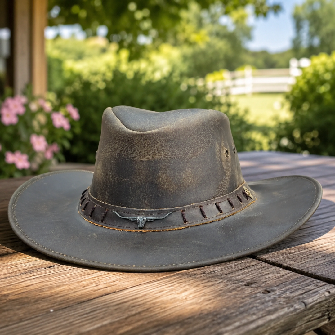 Durham Leather Cowboy Hat for Men &amp; Women – Genuine Vintage Cowhide Western Outback Hat with Bull Head Band &amp; Shapeable Brim