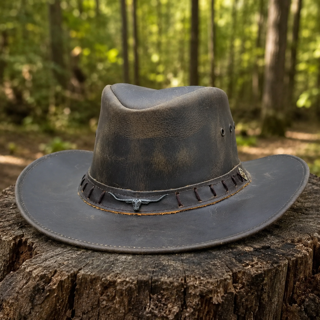 Durham Leather Cowboy Hat for Men &amp; Women – Genuine Vintage Cowhide Western Outback Hat with Bull Head Band &amp; Shapeable Brim