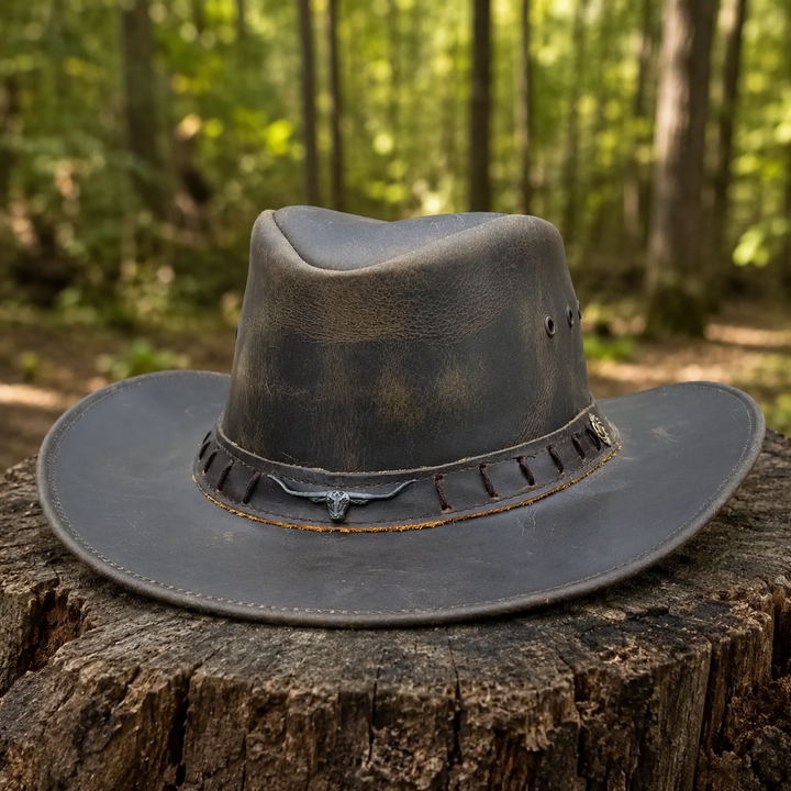 Durham Leather Cowboy Hat for Men &amp; Women – Genuine Vintage Cowhide Western Outback Hat with Bull Head Band &amp; Shapeable Brim