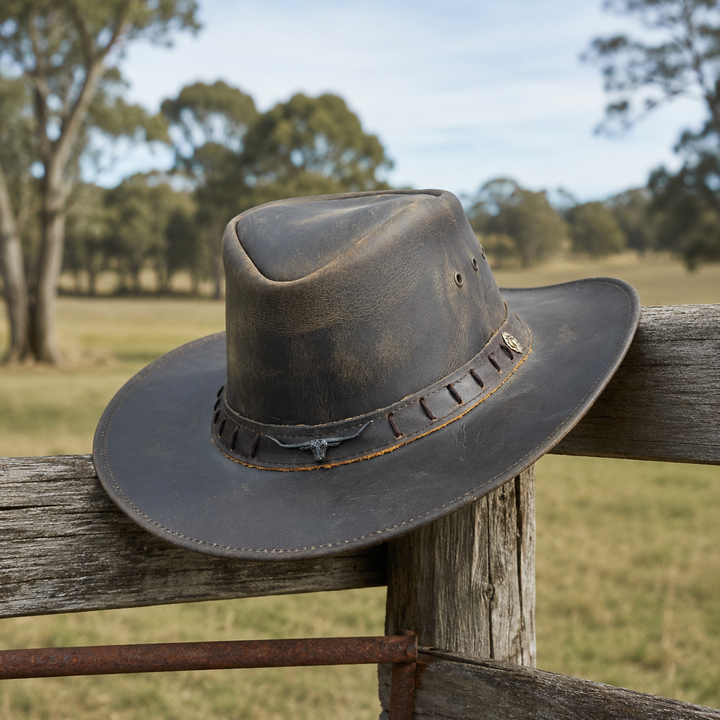 Durham Leather Cowboy Hat for Men &amp; Women – Genuine Vintage Cowhide Western Outback Hat with Bull Head Band &amp; Shapeable Brim