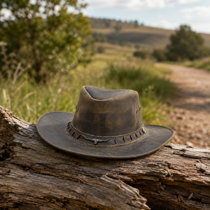 Durham Leather Cowboy Hat for Men &amp; Women – Genuine Vintage Cowhide Western Outback Hat with Bull Head Band &amp; Shapeable Brim