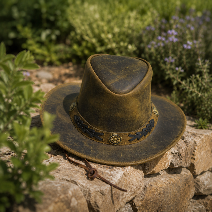 Sahara Cowboy Hat for Men &amp; Women – Genuine Distressed Leather Western Hat with Shapeable Brim, Chin Strap &amp; Braided Band