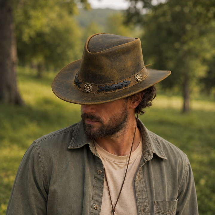Sahara Cowboy Hat for Men &amp; Women – Genuine Distressed Leather Western Hat with Shapeable Brim, Chin Strap &amp; Braided Band