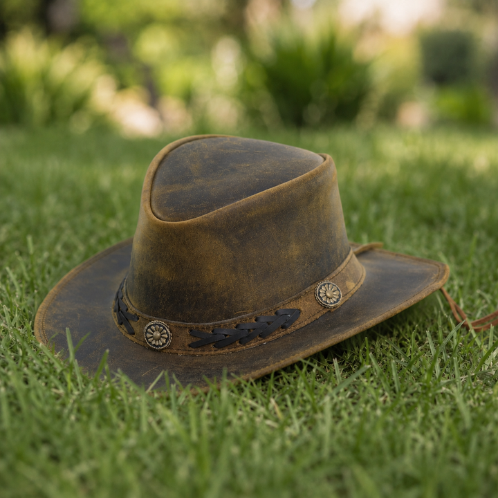 Sahara Cowboy Hat for Men &amp; Women – Genuine Distressed Leather Western Hat with Shapeable Brim, Chin Strap &amp; Braided Band