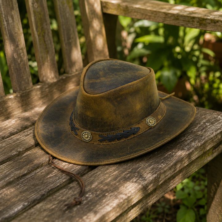 Sahara Cowboy Hat for Men &amp; Women – Genuine Distressed Leather Western Hat with Shapeable Brim, Chin Strap &amp; Braided Band
