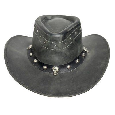 Lesa Collection Men's & Women's Black Leather Cowboy Hat Skull & Stud Design