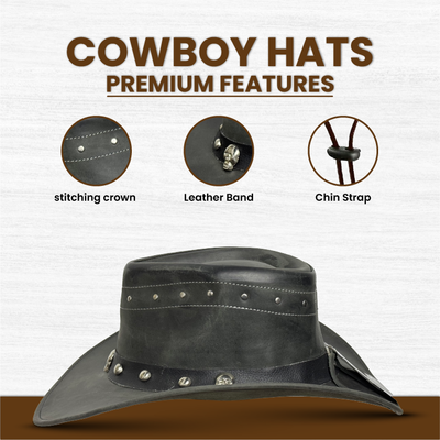 Lesa Collection Men's & Women's Black Leather Cowboy Hat Skull & Stud Design