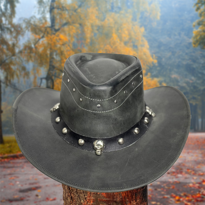 Lesa Collection Men's & Women's Black Leather Cowboy Hat Skull & Stud Design