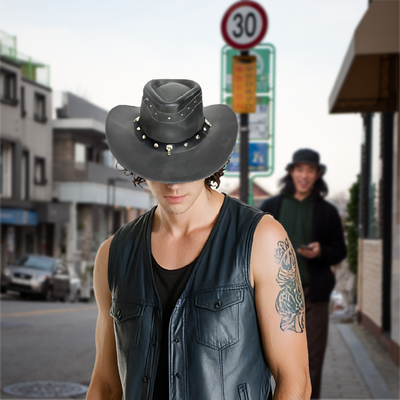 Lesa Collection Men's & Women's Black Leather Cowboy Hat Skull & Stud Design