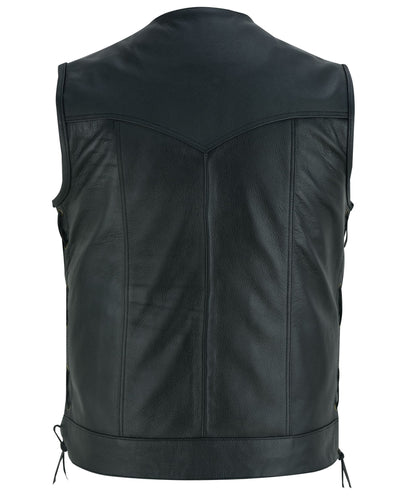 Lesa Collection Men's Black Leather Collarless Club Style Motorcycle Rider Vest w/Dual Front Closure  Side laces