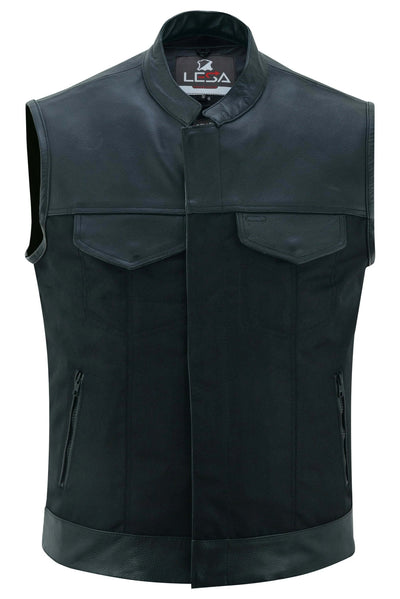 Lesa Collection&nbsp; Men's Black Textile and Leather Multi Closer&nbsp; Zipper and studs&nbsp; Front Moto Vest