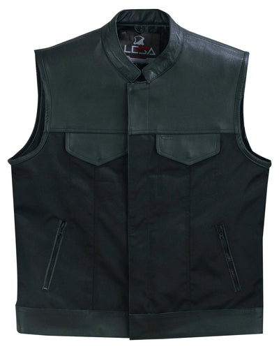 Lesa Collection&nbsp; Men's Black Textile and Leather Multi Closer&nbsp; Zipper and studs&nbsp; Front Moto Vest