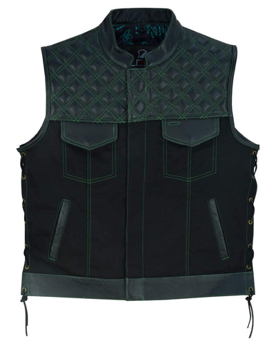 Men's Black Denim &amp; Leather Motorcycle Club Vest Red Thread Diamond Padding with Green stiches laces up