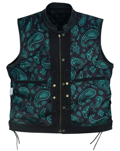 Men's Black Denim &amp; Leather Motorcycle Club Vest Red Thread Diamond Padding with Green stiches laces up