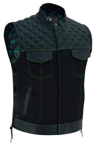 Men's Black Denim &amp; Leather Motorcycle Club Vest Red Thread Diamond Padding with Green stiches laces up