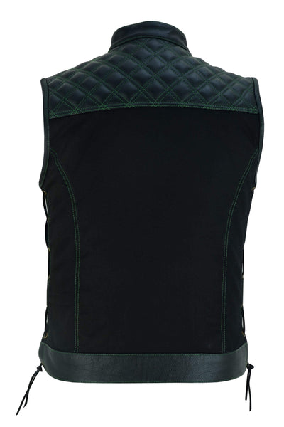 Men's Black Denim &amp; Leather Motorcycle Club Vest Red Thread Diamond Padding with Green stiches laces up