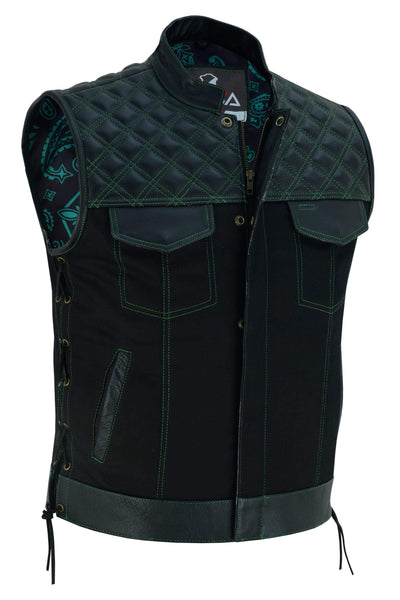 Men's Black Denim &amp; Leather Motorcycle Club Vest Red Thread Diamond Padding with Green stiches laces up