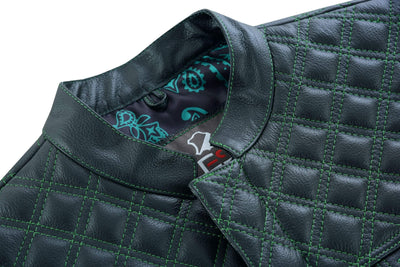 Men's Black Denim &amp; Leather Motorcycle Club Vest Red Thread Diamond Padding with Green stiches laces up