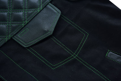 Men's Black Denim &amp; Leather Motorcycle Club Vest Green Thread Zipper Front, Diamond Padding