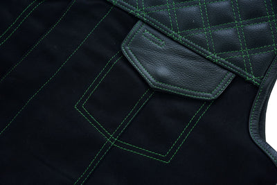 Men's Black Denim &amp; Leather Motorcycle Club Vest Green Thread Zipper Front, Diamond Padding