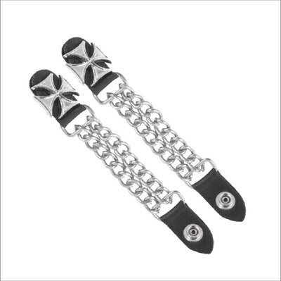 Motorcycle Vest Extenders Double Bike Chain  Biker Iron Cross Silver