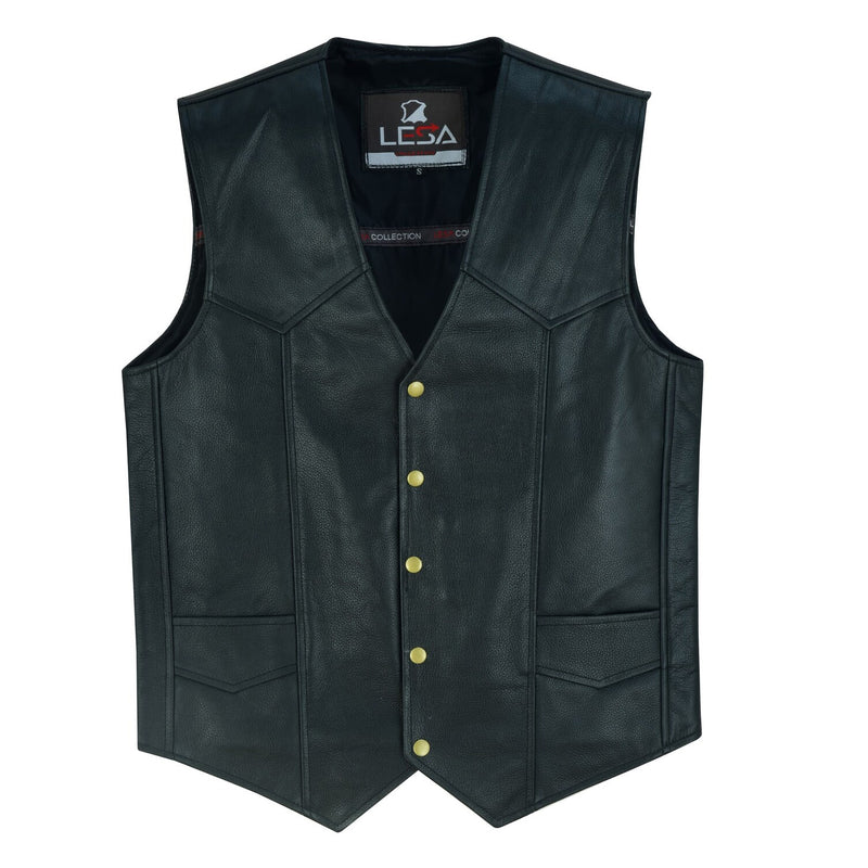 Mens Leather Vest Classic Snap Front Vest Gun Pockets