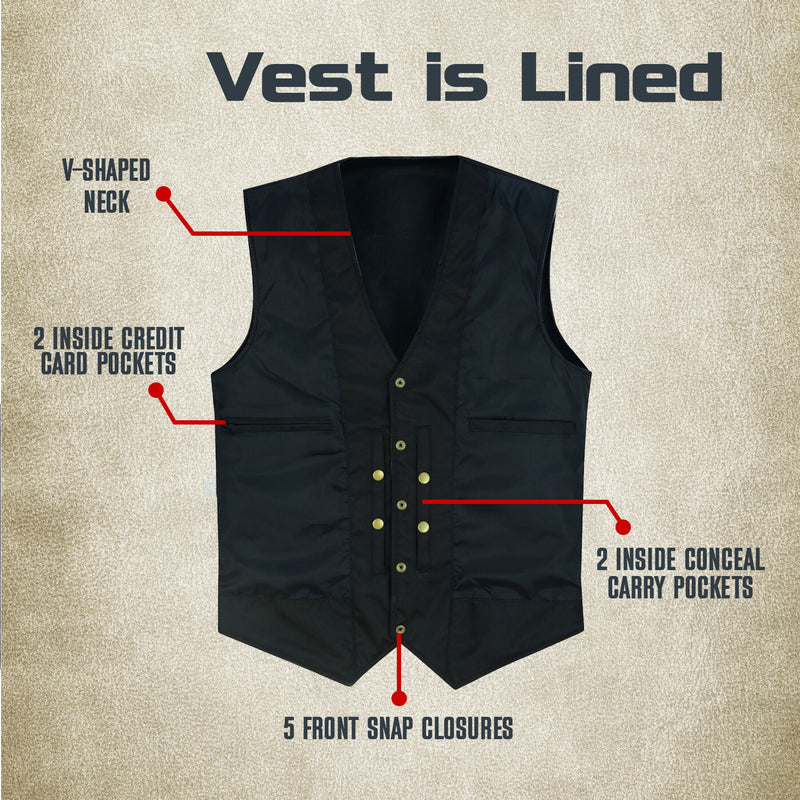 Mens Leather Vest Classic Snap Front Vest Gun Pockets