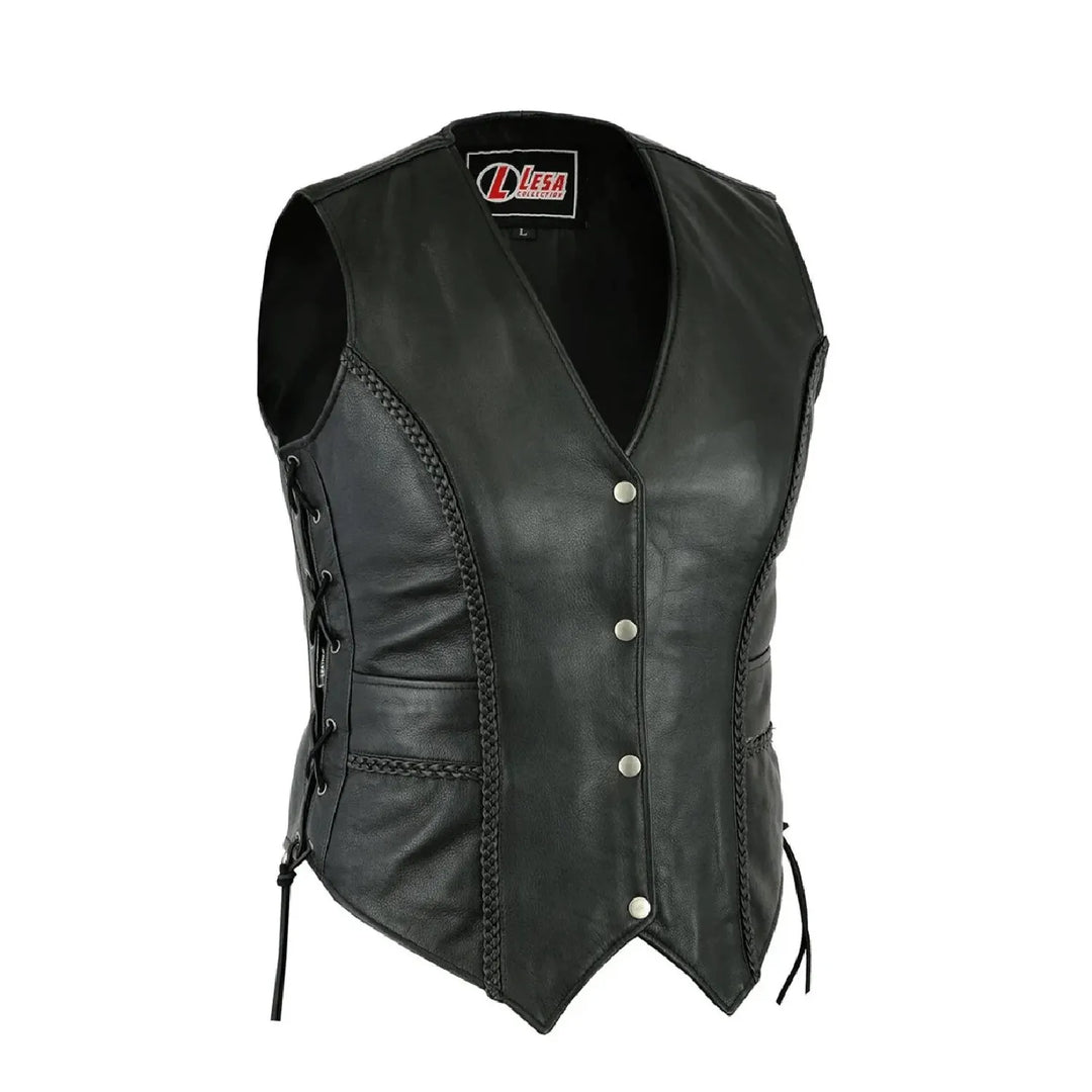 Ladies Black Leather Biker Vest – Lace-Up Sides