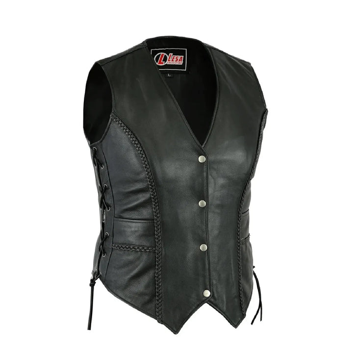 Ladies Black Leather Biker Vest – Lace-Up Sides