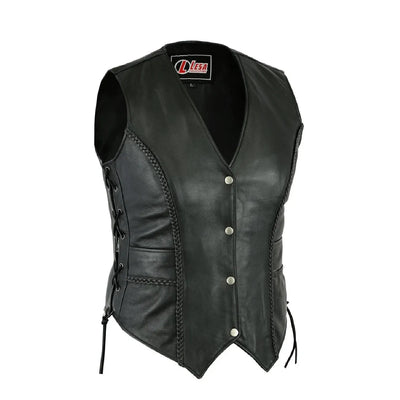 Ladies Black Leather Biker Vest – Lace-Up Sides