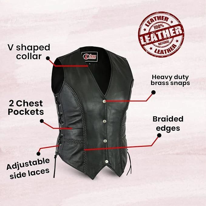 Ladies Black Leather Biker Vest – Lace-Up Sides