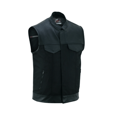 Lesa Collection&nbsp; Men's Black Textile and Leather Multi Closer&nbsp; Zipper and studs&nbsp; Front Moto Vest