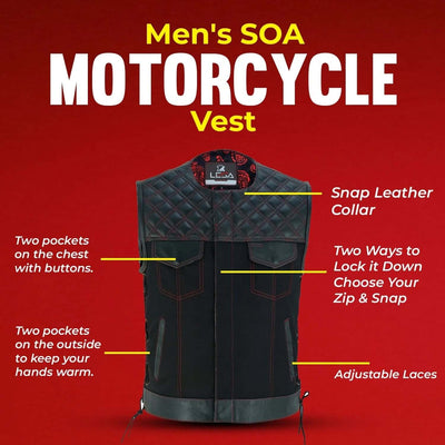 Men's SOA Vest double Red Thread Club Vest, Concealed Gun Pockets Collar Less