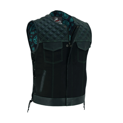 Men's Club Style Leather Denim Vest Collar Less With Green Stiches Laces Up