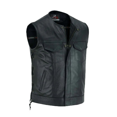 Men's Anarchy Black Collarless Leather Biker Vest
