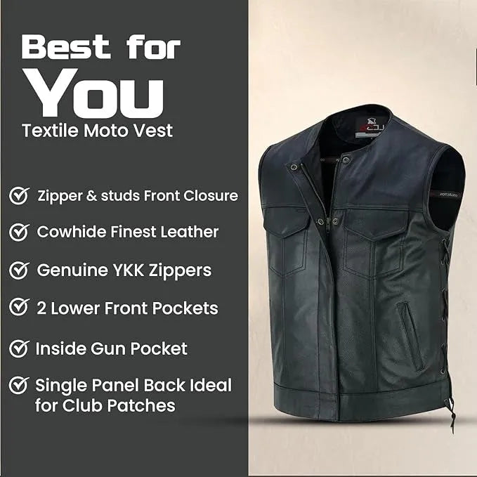 Men’s Leather Motorcycle Vest – Collarless Black Biker Vest with Side Laces, Concealed Carry Pockets &amp; Adjustable Fit, Durable Cowhide Leather