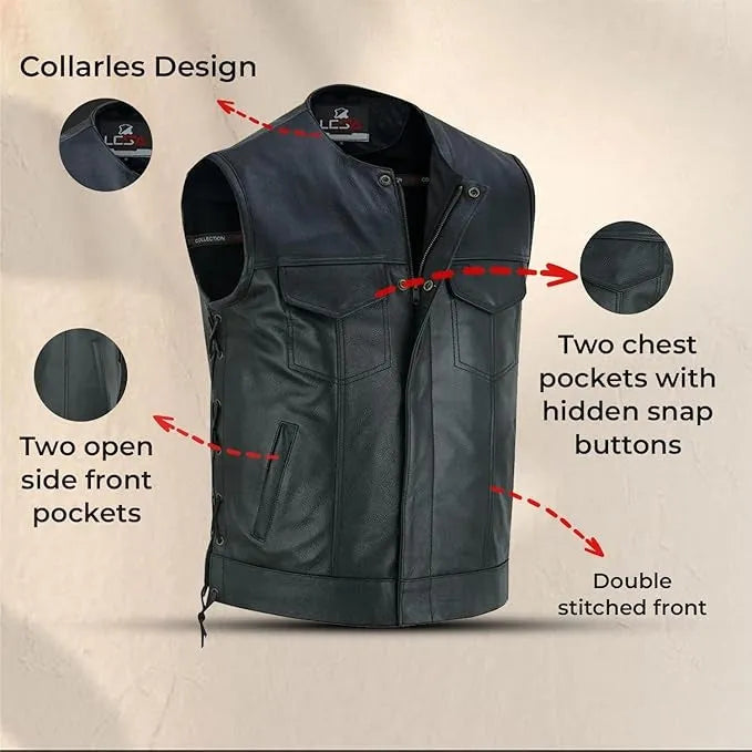 Men’s Leather Motorcycle Vest – Collarless Black Biker Vest with Side Laces, Concealed Carry Pockets &amp; Adjustable Fit, Durable Cowhide Leather