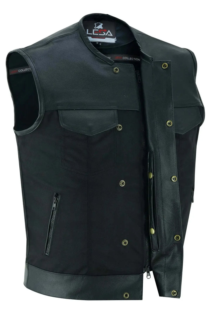 Collarless Men’s Cordura Motorcycle Vest – Textile Biker Vest with Cowhide Leather Trim, Concealed Carry Pockets &amp; Dual Closure