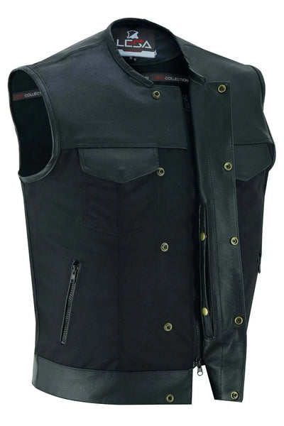 Men’s Black Denim Motorcycle Vest– Collar Less Plain Side