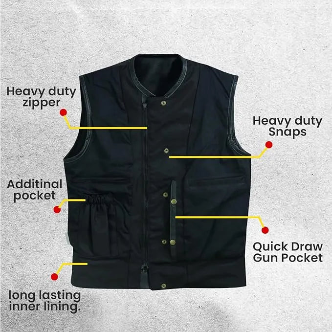 Collarless Men’s Cordura Motorcycle Vest – Textile Biker Vest with Cowhide Leather Trim, Concealed Carry Pockets &amp; Dual Closure