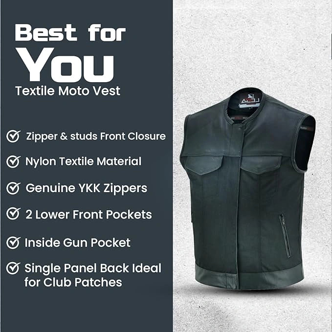 Collarless Men’s Cordura Motorcycle Vest – Textile Biker Vest with Cowhide Leather Trim, Concealed Carry Pockets &amp; Dual Closure